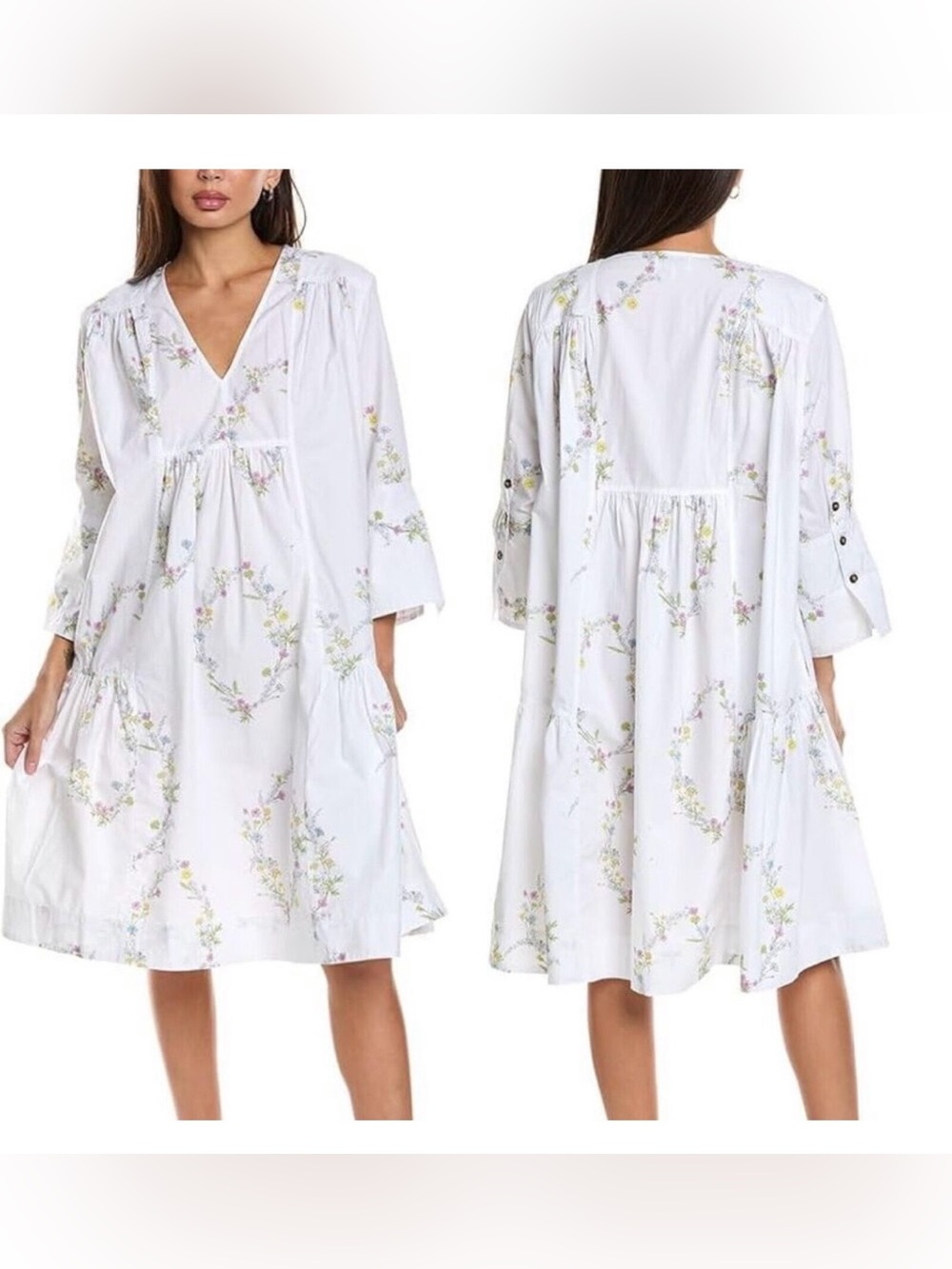 Ganni Floral Printed V-Neck White Organic Cotton Flowy Oversized Dress Size 34